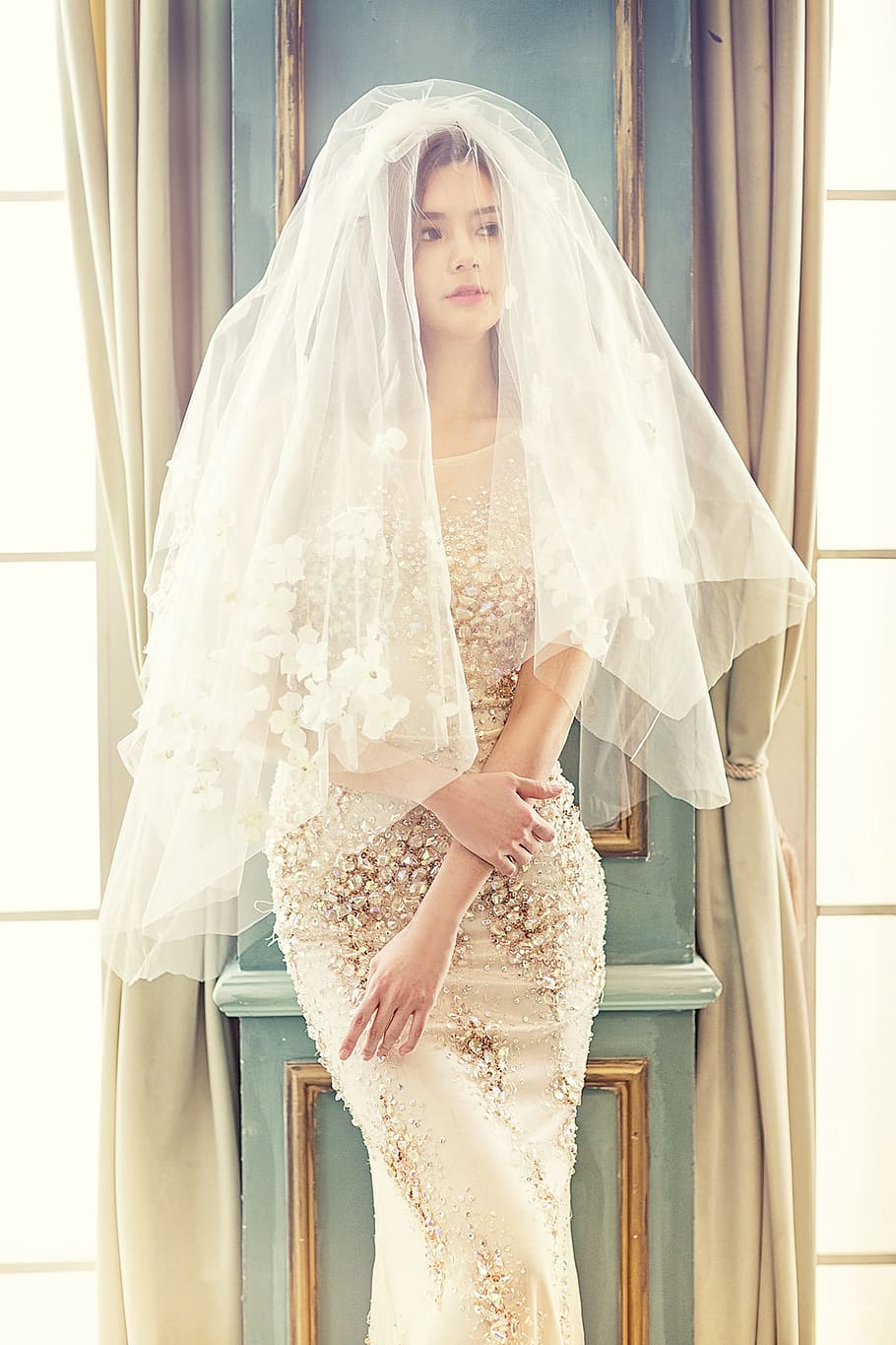 woman, wearing, wedding dress, wedding dresses, character, fashion, individuality, bride's veil, white dress, young woman