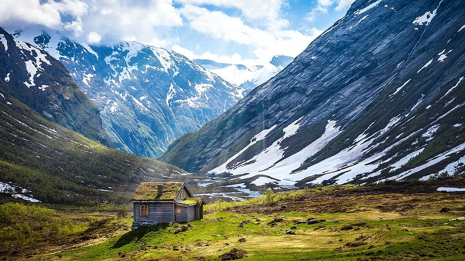 gray, green, house, mountain, mountains, valley, cabin, shack, landscape, nature