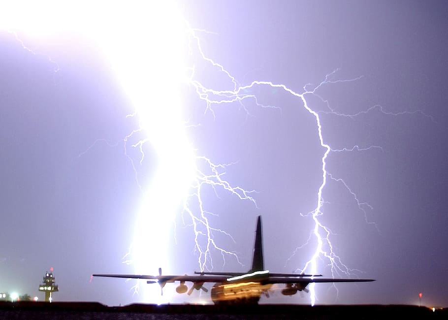 lightning, strike, night, storm, bolt, plane, taxiing, c-130, cargo, weather