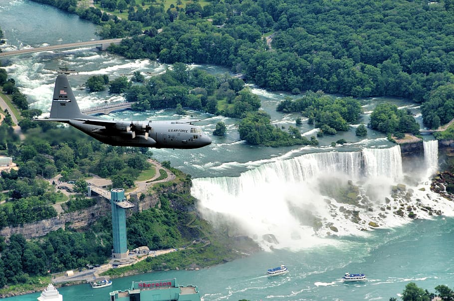 niagara falls, new york, usa, canada, airplane, military, landscape, river, landmark, waterfall