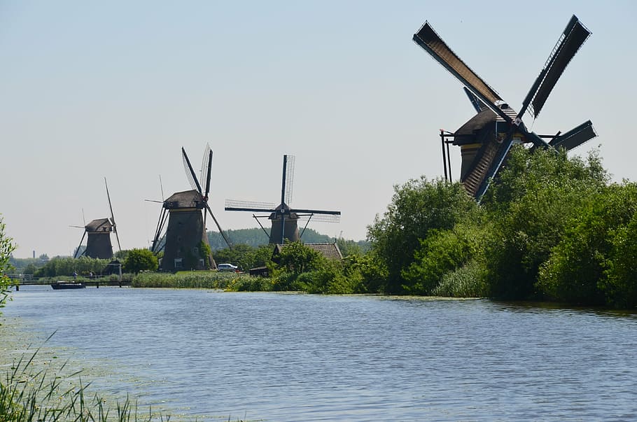 landscape photography, four, windmills, holland, canals, channels, water, waterways, inland waterway transport, wind power