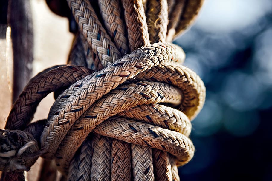 brown ropes, rope, knot, tied, twisted, boat, nautical, sea, seafaring, sailing