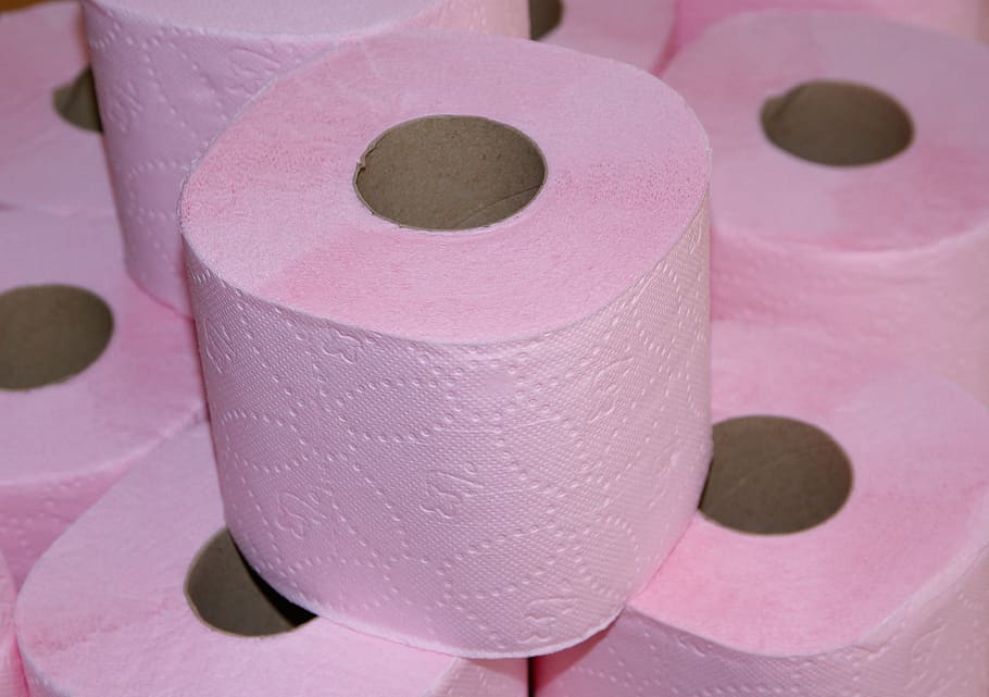 tissue roll lot, toilet paper, wc, toilet, hygiene, pink color, close-up, rolled up, bathroom, focus on foreground