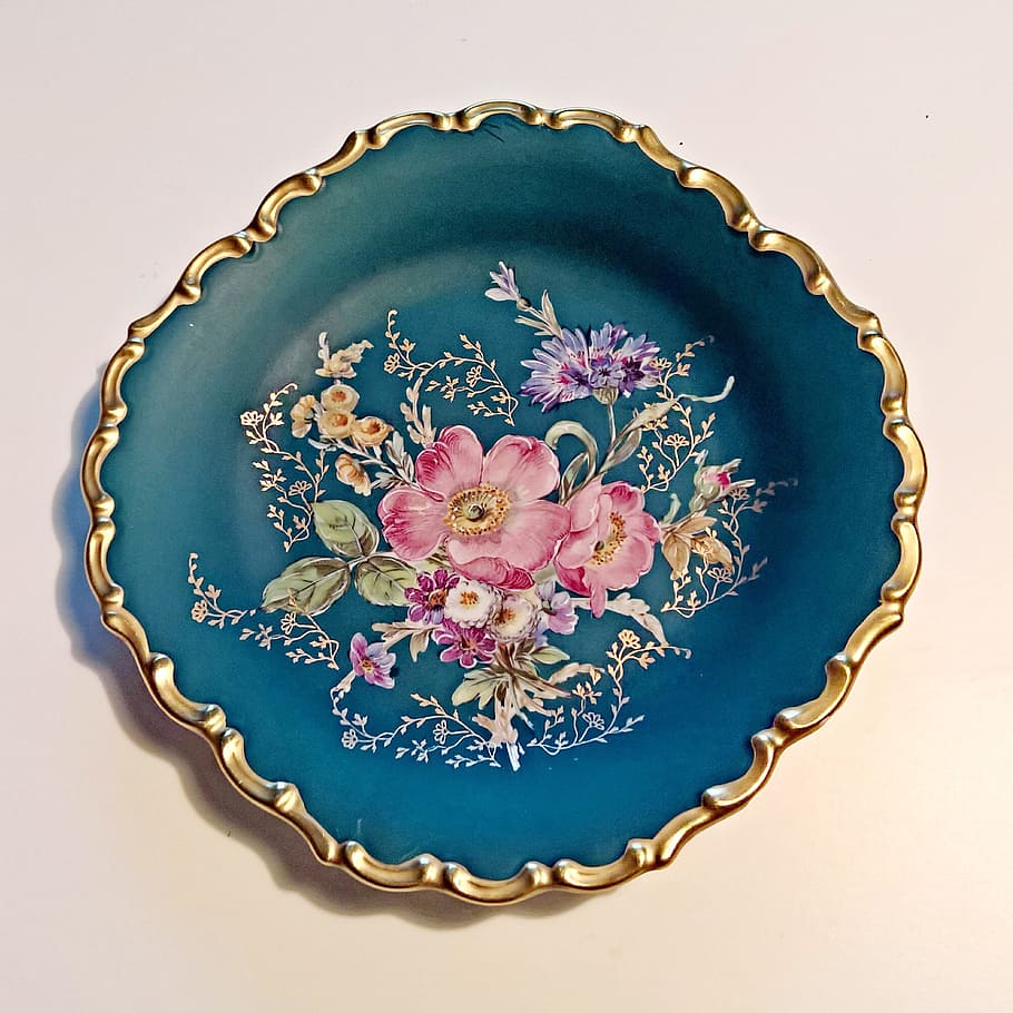 Porcelain, Plate, Hand, Painted, hand painted, german porcelain manufactory, bavaria, green, gold edge, flower painting
