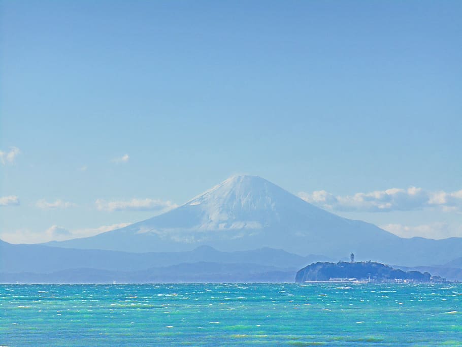 Monte Fuji, mar, cielo azul, Enoshima, Japón, paisaje, cielos despejados, agua, paisajes: naturaleza, cielo
