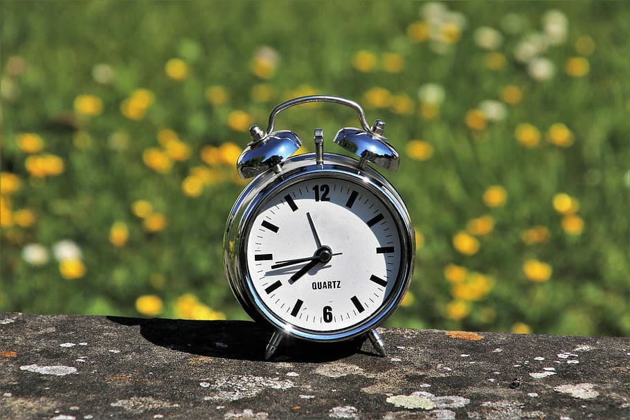 despertador analógico de color plateado, superior, marrón, superficie, horario de verano, reloj, medición del tiempo, protector del reloj, puntas, primavera