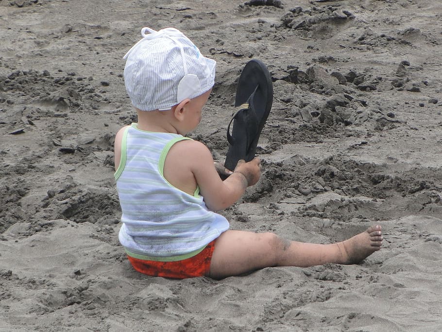 beach, child, summer, boy, sand, flaps, childhood, land, one person, full length