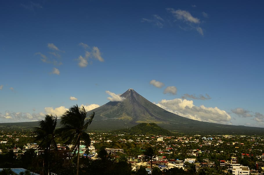 mountain, village, daytime, volcano, mayon, philippines, nature, asia, volcanic, luzon