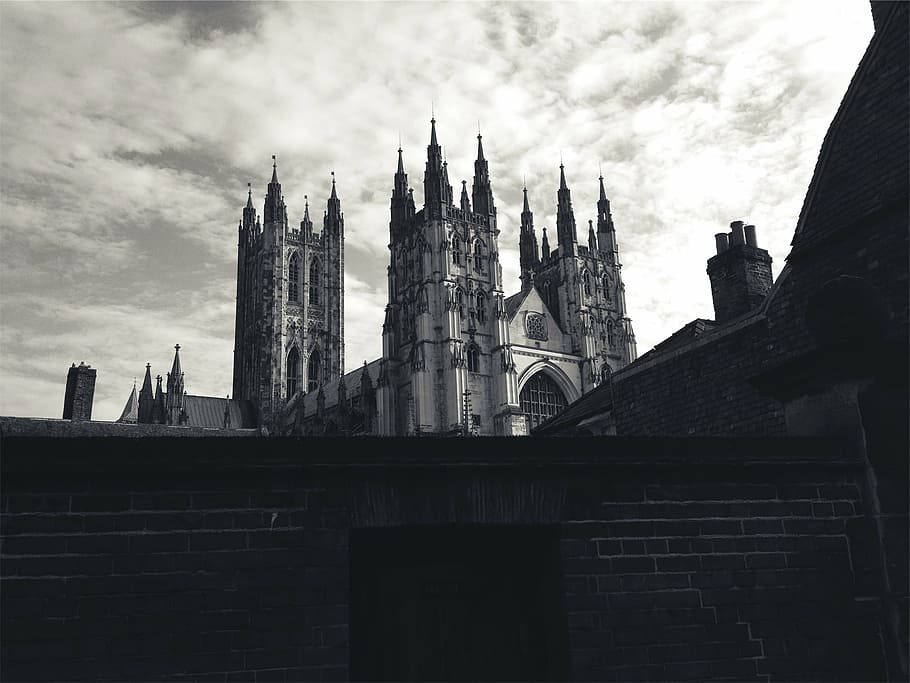 concrete cathedral, gray, scale, photography, castle, wall, architecture, sky, clouds, black and white