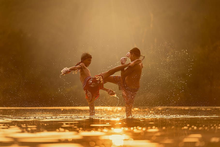 two, boy, playing, water, golden, hour, children, fight, river, attack