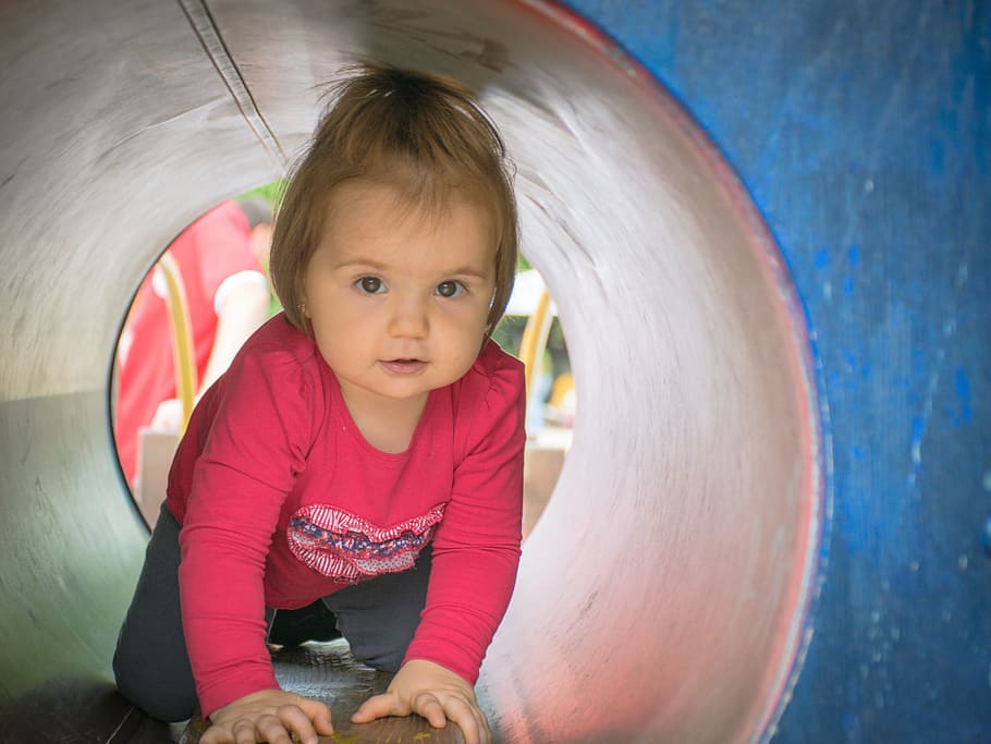 baby, crawling, inside, tunnel, girl, play, cute, child, happiness, fun