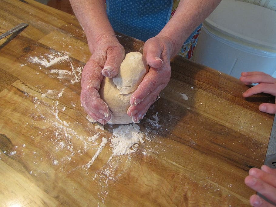 person making dough, dough, biscuit, chef, cook, grandmother, child, food and drink, preparation, food