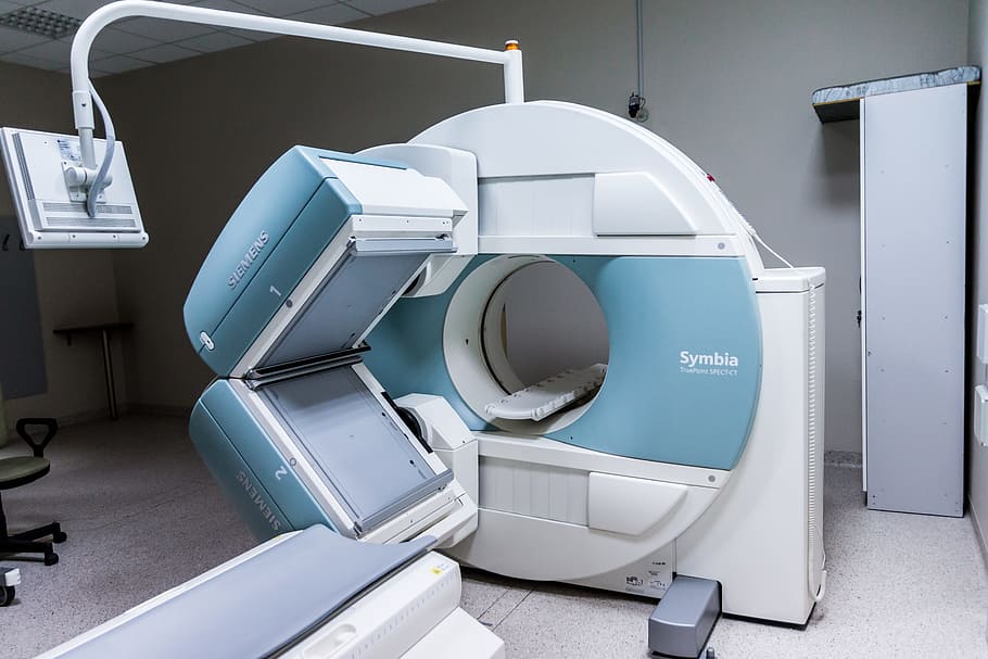 blanco, azul, máquina de tomografía computarizada de Symbia, dentro, sala, resonancia magnética, diagnóstico, hospital, prueba, investigación
