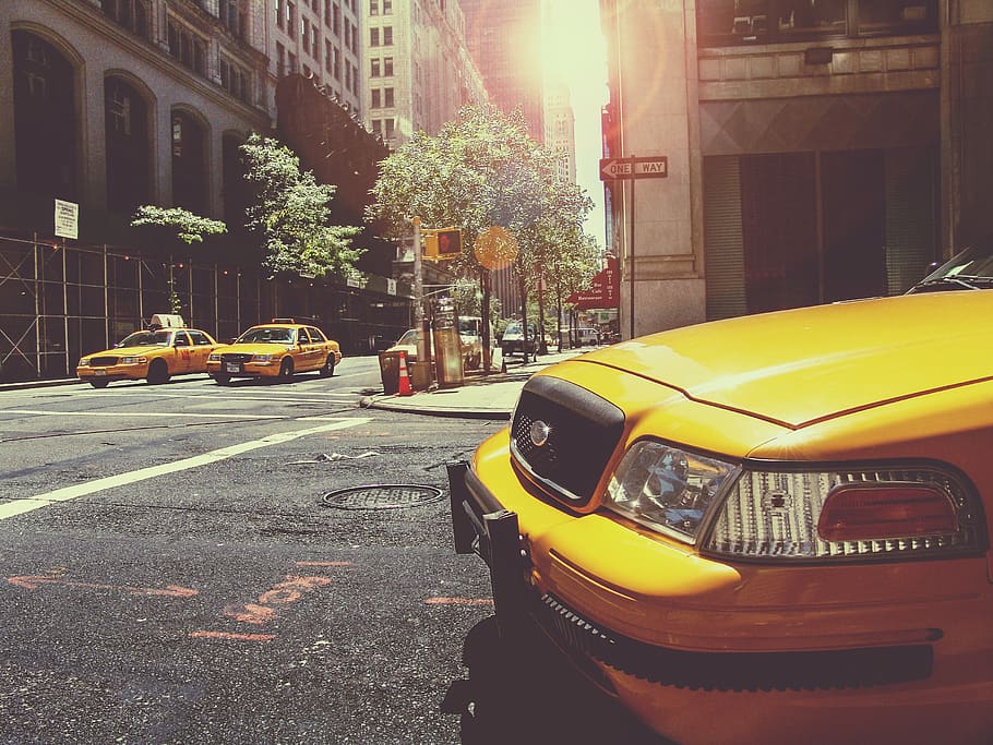 amarillo, taxis, nueva york, ciudad, calles, carreteras, intersección, edificios, torres, letreros