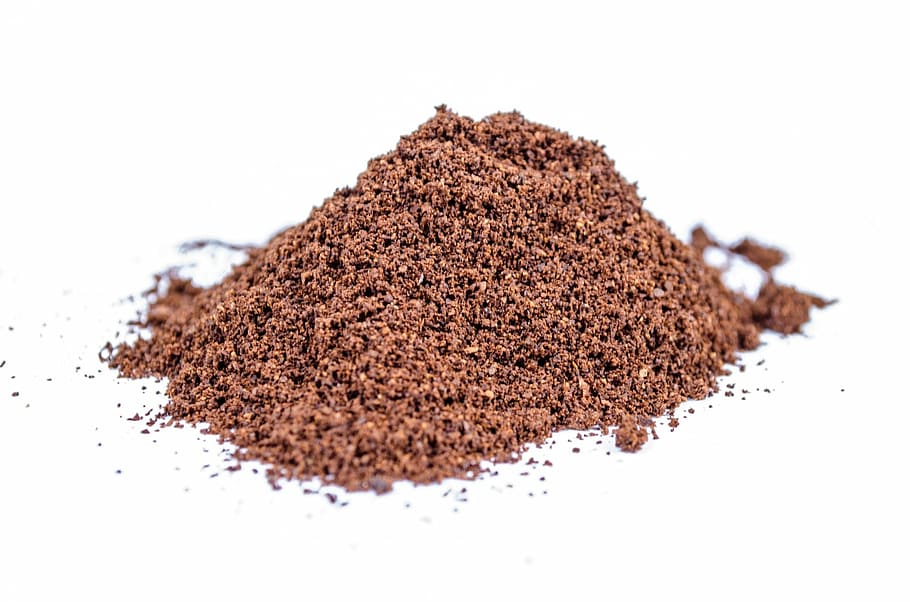 brown powder, ground, powder, white, cacao, close-up, isolated, heap, grain, caffeine