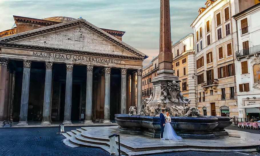 bride, groom, standing, fountain, roman temple, daytime, Rome, Italy, Love, Romantic, Wedding
