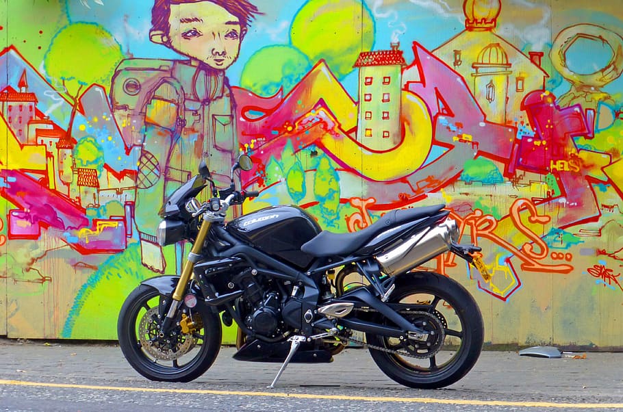 Motorcycle, Cycle, streetbike, black, bike, motorbike, graphiti, art, street art, multi colored