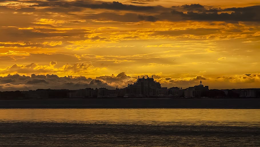 bulgaria, pomorie, black sea, late summer, evening, sunset, sky, water, cloud - sky, architecture