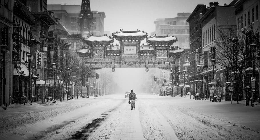 grayscale photo, person, walking, center, road, snowzilla, snow storm, single male, chinatown, january 2016