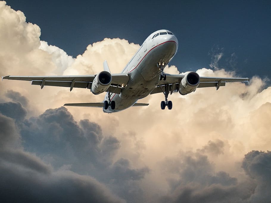 putih, pesawat penumpang, penerbangan, pertengahan, udara, siang hari, pesawat, jet, pendaratan, awan