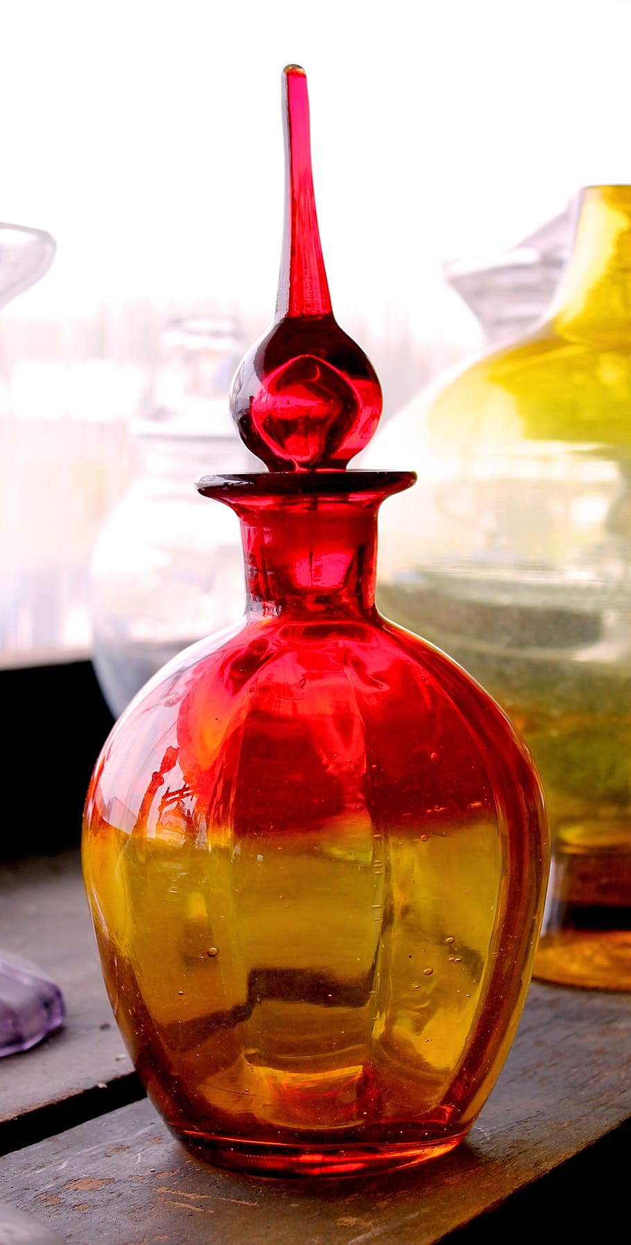 glass, decanter, glassware, stained, transparent, red, stopper, ornate, yellow, vintage