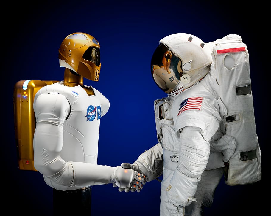 nasa astronaut, robot, shaking, hands, astronaut, robonaut, handshake, space, spacesuit, science