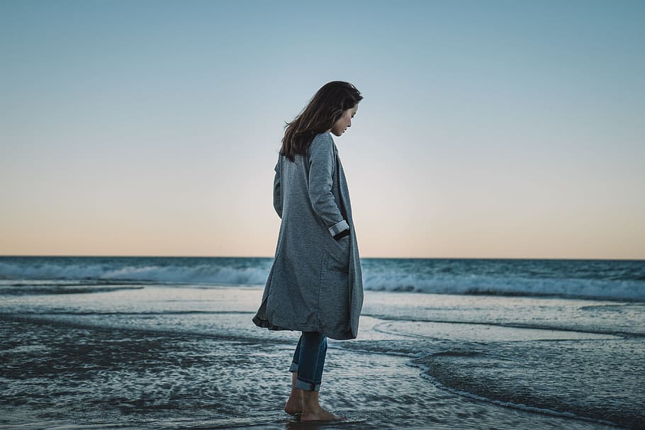 woman, wearing, gray, coat, standing, seashore, girl, winter, beach, retro