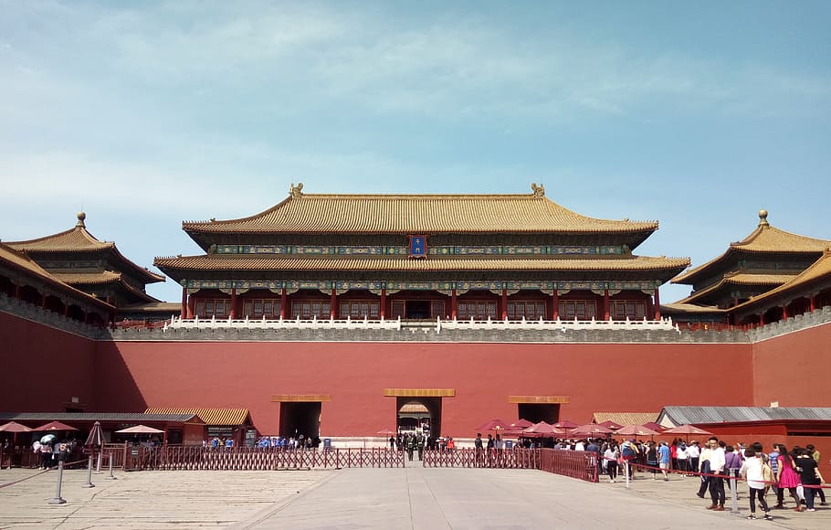 the forbidden city, arctic, beijing, architecture, built structure, building exterior, sky, group of people, large group of people, crowd