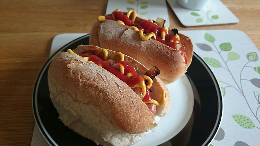 two sausage sandwiches, Hot Dogs, Frankfurters, Bun, Meat, Meal, food, tasty, lunch, hotdog