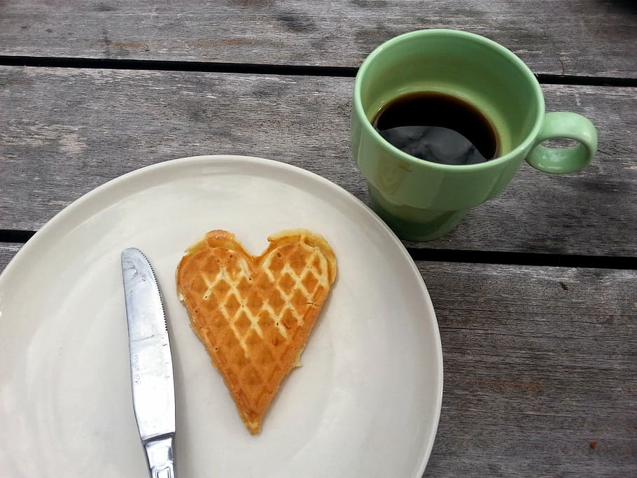 pancake, white, ceramic, plate, heart, waffle, breakfast, love, dessert, food
