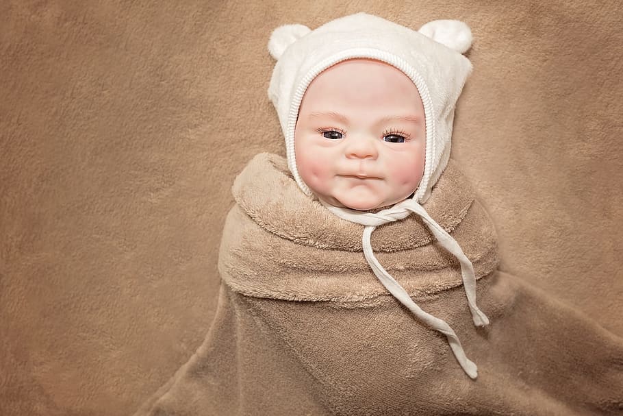 baby portrait photo, baby, portrait, doll, baby doll, artist doll, female, cap, wrapped up, warm
