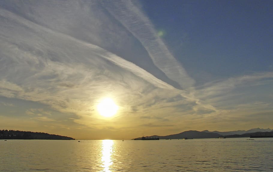 water, dawn, sunset, landscape, nature, vancouver, summer, chemtrails, scenic, sun