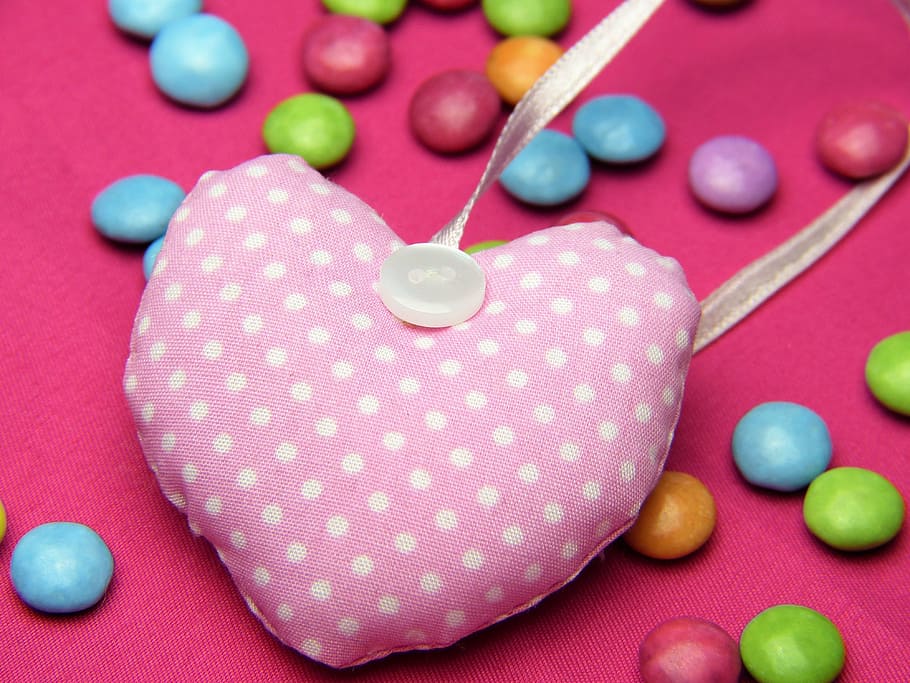 heart-shaped, pink, white, decor, heart, fabric, smarties, love, valentine's day, sweet