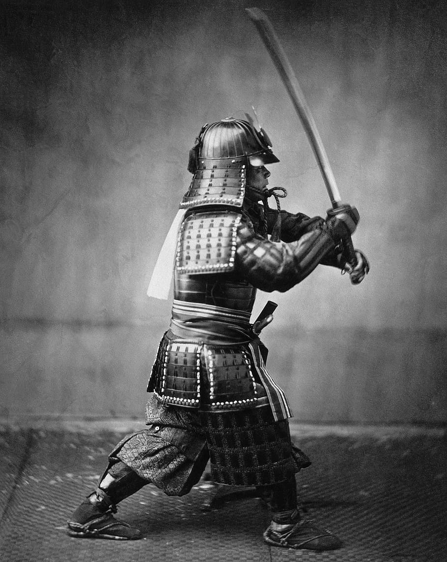 persona, vistiendo, samurai, armadura, guerrero, luchador samurai, guerrero samurai, espada samurai, katana, japonés