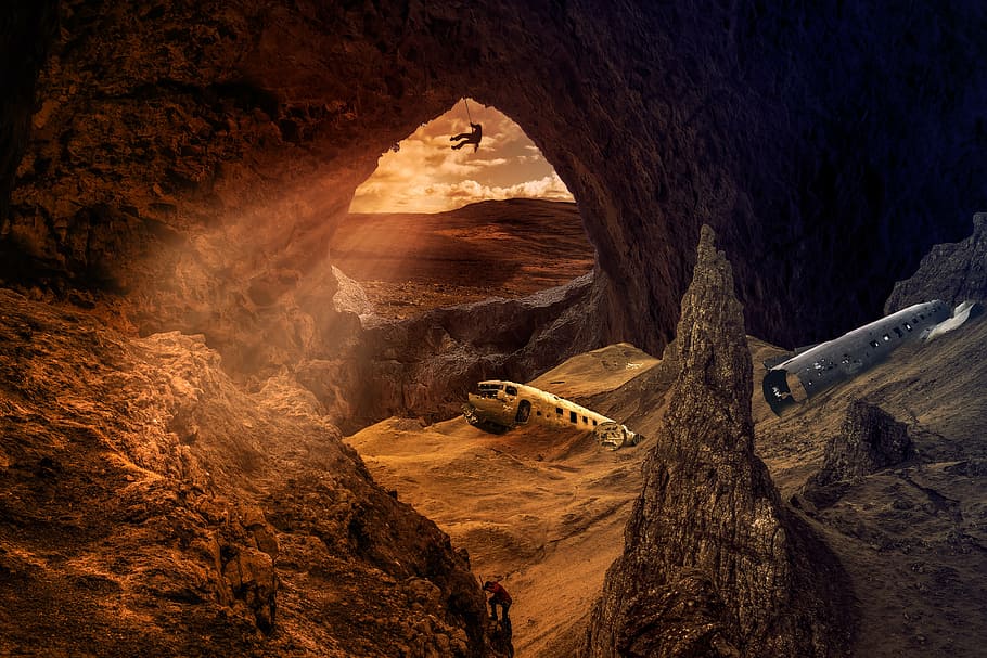 person cliff, hanging, inside, cave, boneyard, airplane, aircraft, plane, flight, air