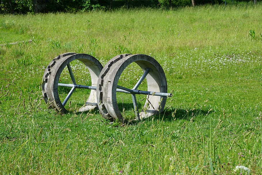 wheel, invent, meadow, art, grass, green color, field, plant, land, nature