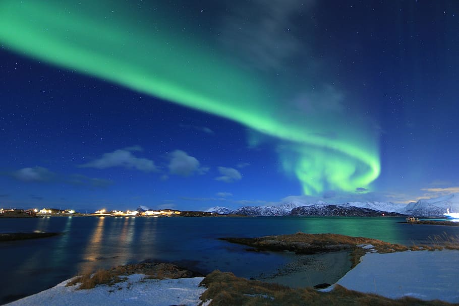 lampu aurora, danau, Cahaya Utara, Norwegia, Arktik, Borealis, hijau, musim dingin, pemandangan, skandinavia