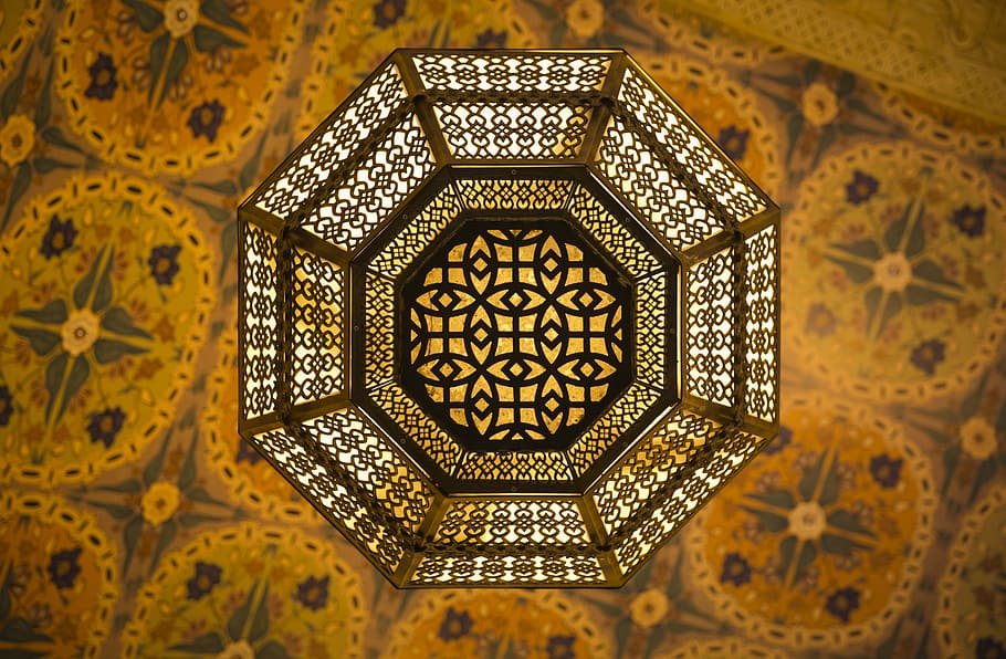 octogonal, marrom, preto, prateleira, árabe, teto, lustre, islão, decoração, ornamentado