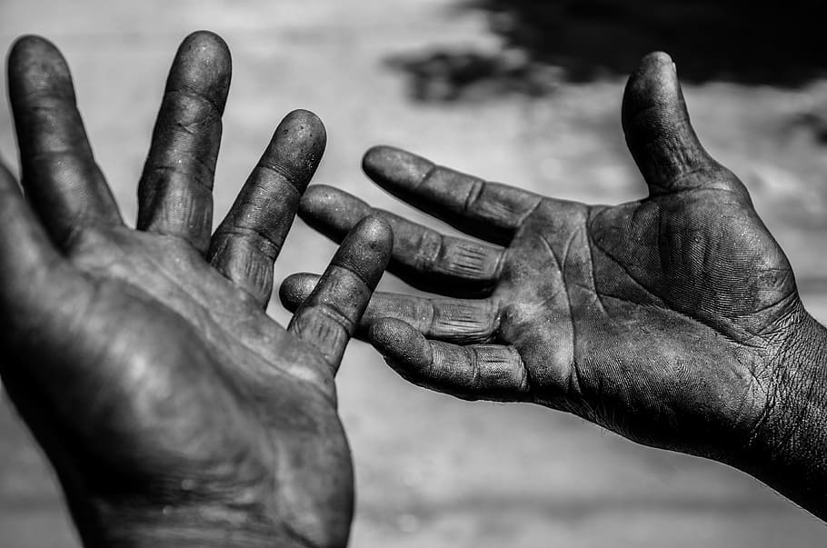 grayscale photo, person, hands, hand, worker, work, human hand, human body part, finger, people