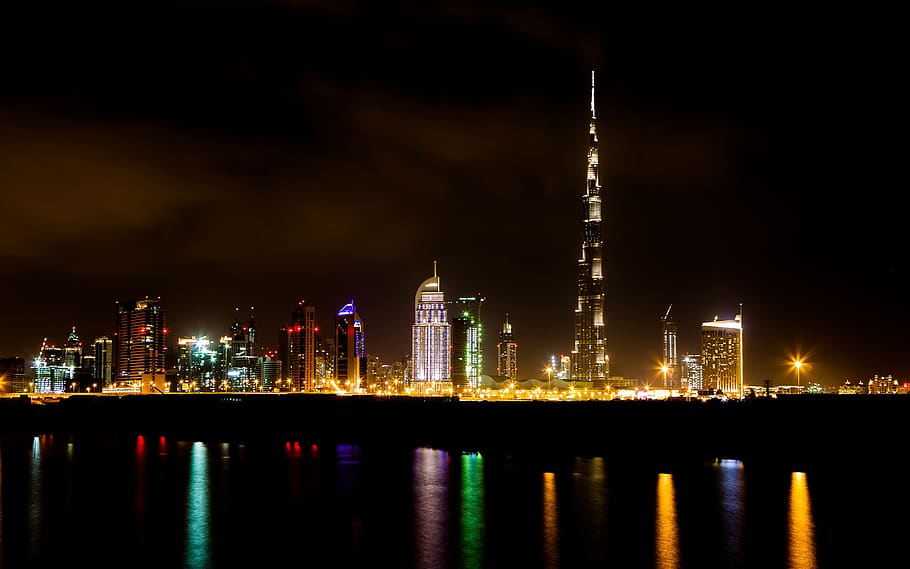 city, landscape, dubai, burj khalifa, building, night, architecture, built structure, building exterior, reflection