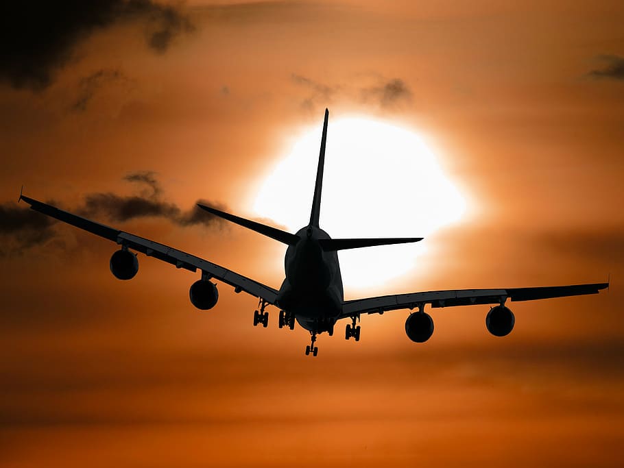 silhouette photo, plane, golden, hour, aircraft, holiday, sun, tourism, summer, summer holiday