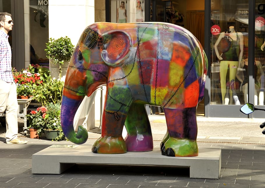 elefante, arte, moderna, a estátua de, centro da cidade, rua, compras, coloridos, arte e artesanato, multi colorido