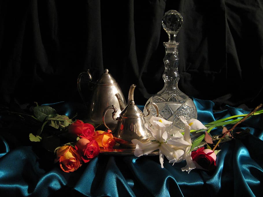 clear glass decanter, flowers, cloth, satin, roses, crystal, silverware, decoration, love, romantic