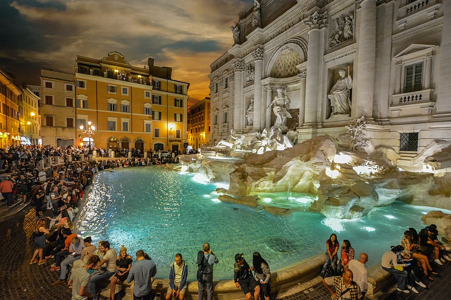 people, sitting, water fountain, rome, trevi, evening, crowds, tourists, italy, italian