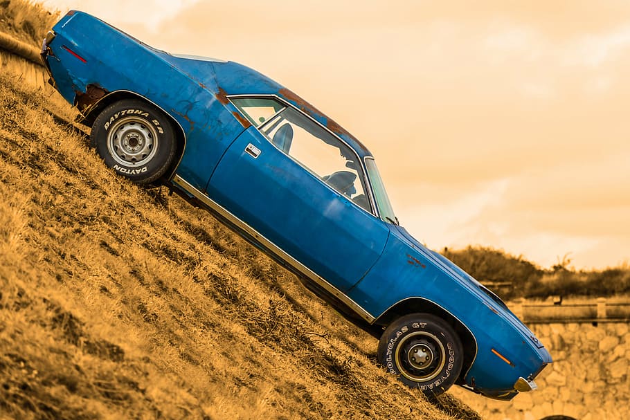 selective, blue, muscle car, daytime, car, retro, vintage cars, classic, plymouth, barracuda