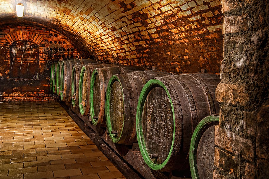 wine, wine barrel, wine cellar, wooden, bricks, indoors, arch, in a row, architecture, cellar