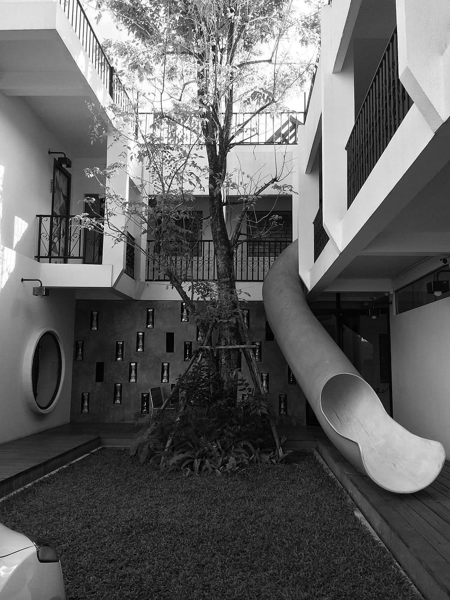 hotel, slide, architecture, balcony, balconies, chiang mai, thailand, black and white, built structure, building exterior