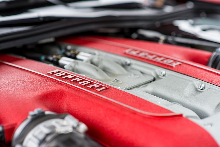ferrari, strong engine, luxury, car in red, red, close-up, control, technology, selective focus, communication
