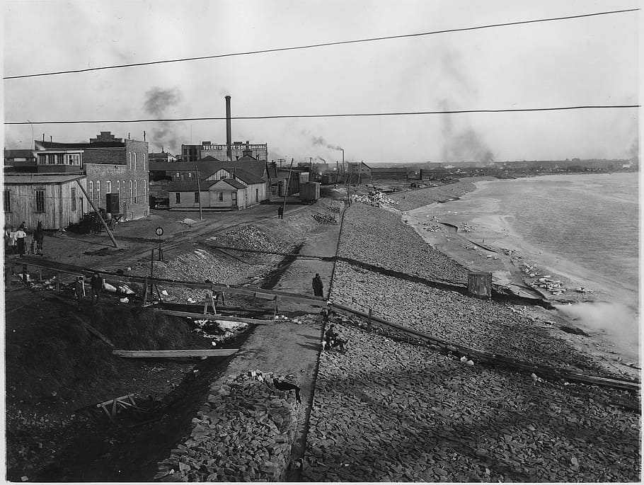 sioux city, iowa, 1912, Waterfront, Sioux City, Iowa, public domain, vintage, black And White, railroad Track, industry