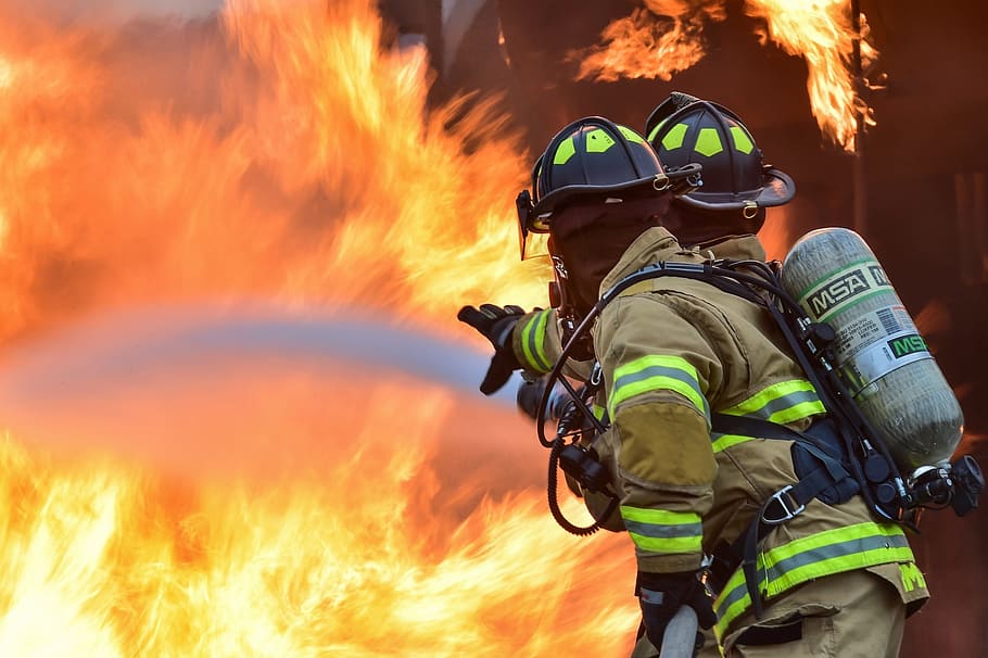 dua, pemadam kebakaran, oranye, api, pelatihan, hidup, dikendalikan, perlindungan, bahaya, peralatan